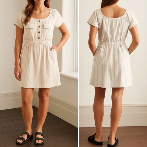 A Loves A Dresses & Skirts - Cream Striped mini summer Dress with Button Detail